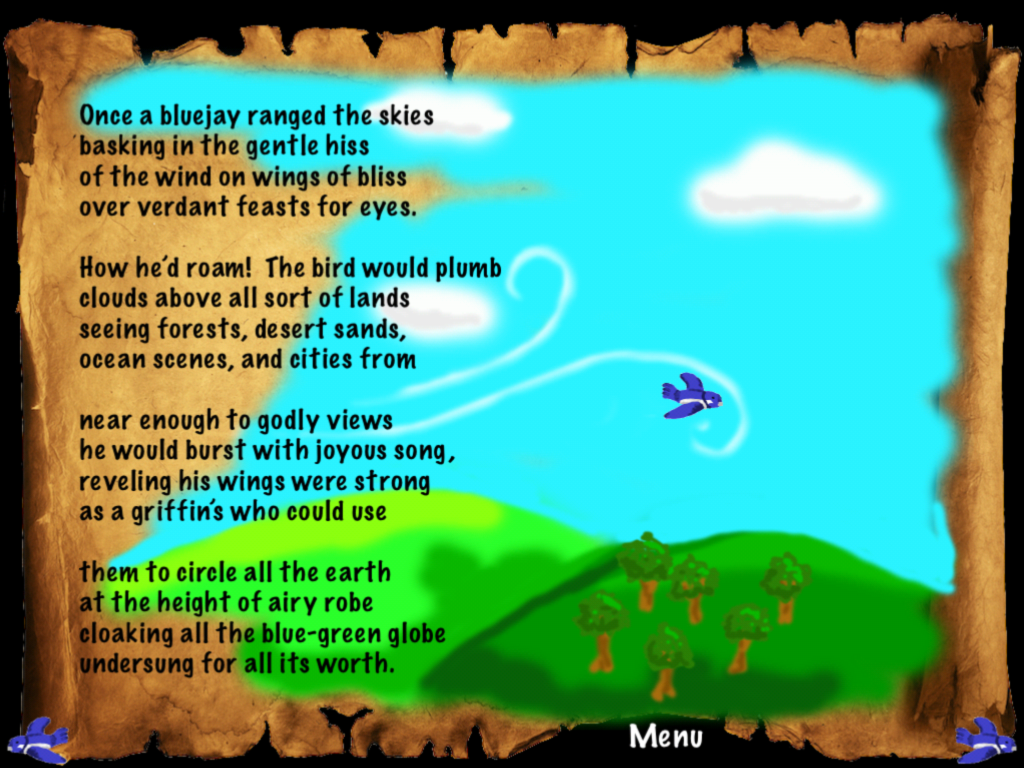 Scene from storybook of Bluejay and Peacock